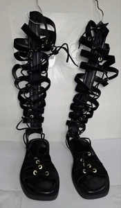 Free People Black Sun Chaser Tall Black Leather Gladiator Sandals Size 4 - Picture 1 of 17