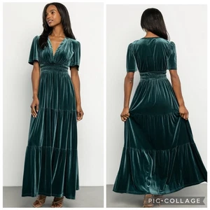 Maxi Vestido Baltic Born Artemisa Terciopelo Verde Azulado Manga Corta Falda en Niveles Talla 1X - Imagen 1 de 14
