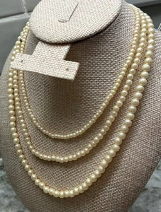 Classic Elizabethan Faux Pearl ,Diamanté Glass Catch 3 Strand Necklace 13-17” Y - Picture 1 of 8