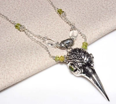 Collar de peridoto natural calavera con cuentas enchapado en plata 925 19" joyería llamativa GW Foto 1 de 3