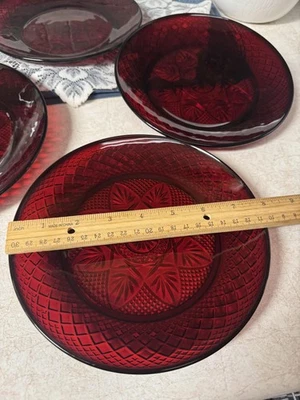Ruby Red Pressed Glass Dishes Set of 4 Starburst Diamond Pattern Plates Bowls - Image 1 of 4