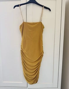 New look mustard slinky gold chain shoulder ruched dress. Uk size 8 - Picture 1 of 10