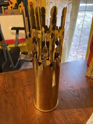 Vintage WWII Trench Art Artillery Shell Casing Brass Engraved Vase Collectible - Image 1 of 4