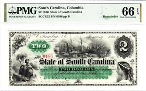 1866 $2 State of South Carolina Currency Gem Uncirculated PMG 66 EPQ- RARE NOTE!