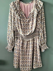Kori Womens Blue Brown Floral V Neck Ruffled Bishop Sleeve Stretch Cottagecore L - Picture 1 of 7