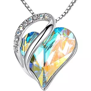 Infinity Love Heart April Birthstone Pendant Necklace Rainbow Opal White Crystal - Picture 1 of 6