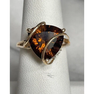 ANILLO CORAZÓN GEMAS EN BOGUE ORO AMARILLO 14K CITRINO Y DIAMANTE ENJAULADO TALLA CIELO Foto 1 de 4