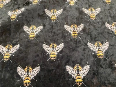 FRANK THOMAS INTERIORS Designer Velvet Bees Fabric Black Gold Curtain Upholstery Blind Cushion