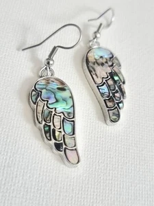 Earrings Abalone Shell 4.4cm Blue Green Angel Wings Stainless Steel Hook Inspire - Picture 1 of 9