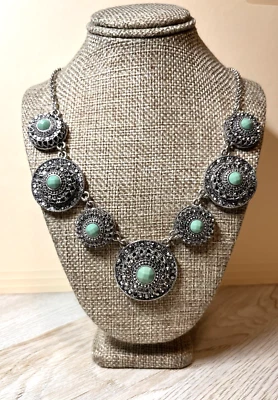 Vintage Trifari Crown Marcasites & Turquoise Necklace 16-18” - Image 1 of 4