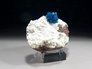 Electric Blue Cavansite Crystal Ball with Calcite Dots on White Mordenite #5 - Picture 1 of 6