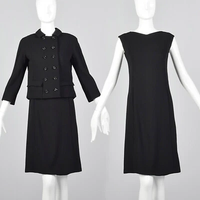 XS 1960s Saks Fifth Avenue Juego de 2 piezas Negro Lana Separado Vestido Chaqueta Cuadrada Años 60 Foto 1 de 4