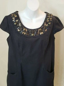 Dressbarn blue denim A-line, cap sleeves dress w/embellished neckline size (12) - Picture 1 of 7