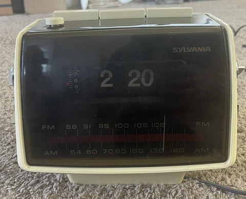 Vintage Sylvania Flip Alarm Clock Radio Model No. BK 385, White, Space Age Cover
