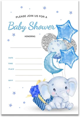 YIDOU Sky Blue Balloon Elephant Boy Baby Shower Invitaciones a la fiesta Rellenar invitación Foto 1 de 4