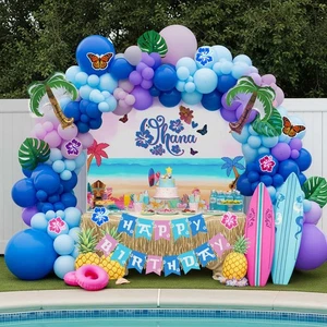 Blue pink purple Balloon Hawaii Garland Kit with Ohana theme backdrop and bir... - Bild 1 von 7