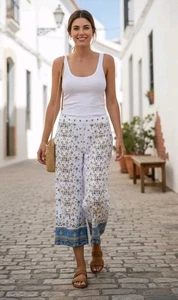 XL Joie Hose weites Bein 100% Leinen Blumen Taschen Gummibund Bohemian Cropped - Bild 1 von 20