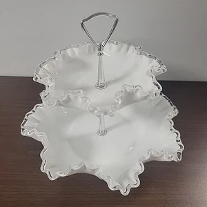 Vintage Fenton Silvercrest Ruffled Edges 2 Tier Tidbit Tray White MINT CONDITION - Picture 1 of 8