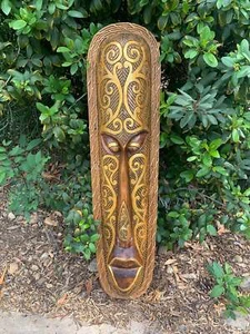 Primitive Tribal Tiki Wood Carving Wall Plaque Tropical Bar Patio Decor 39"x 10" - Picture 1 of 4