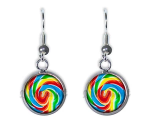 12mm ROUND Handmade Resin Dangling Earrings - Sweet Swirly Lollipop Holidays - Picture 1 of 8
