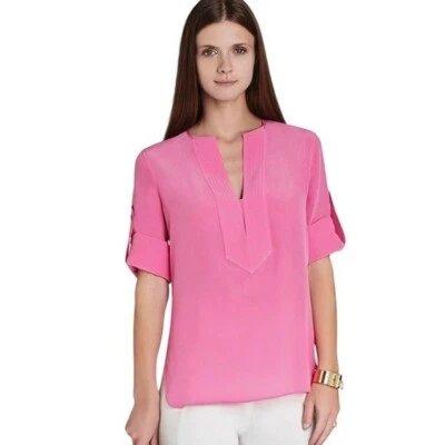 Top de seda BCBGMaxAzria Emmalise XXS rosa rubor bayas de lujo diseñador minimalista Foto 1 de 4