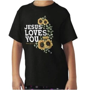 Christian Faith Jesus Loves You Sunflowers Girls Youth Crewneck T Shirts Tees - Picture 1 of 7
