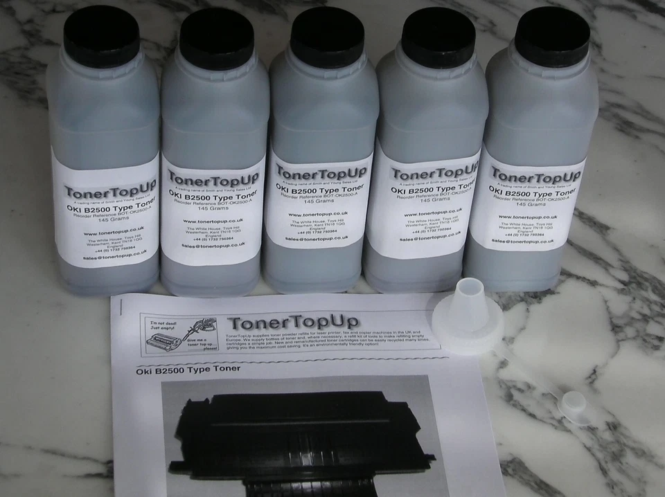 Five Bottles of Compatible Toner Refill Oki B2500 B2520 09004447 0900439 SP1000 - Image 1 of 2