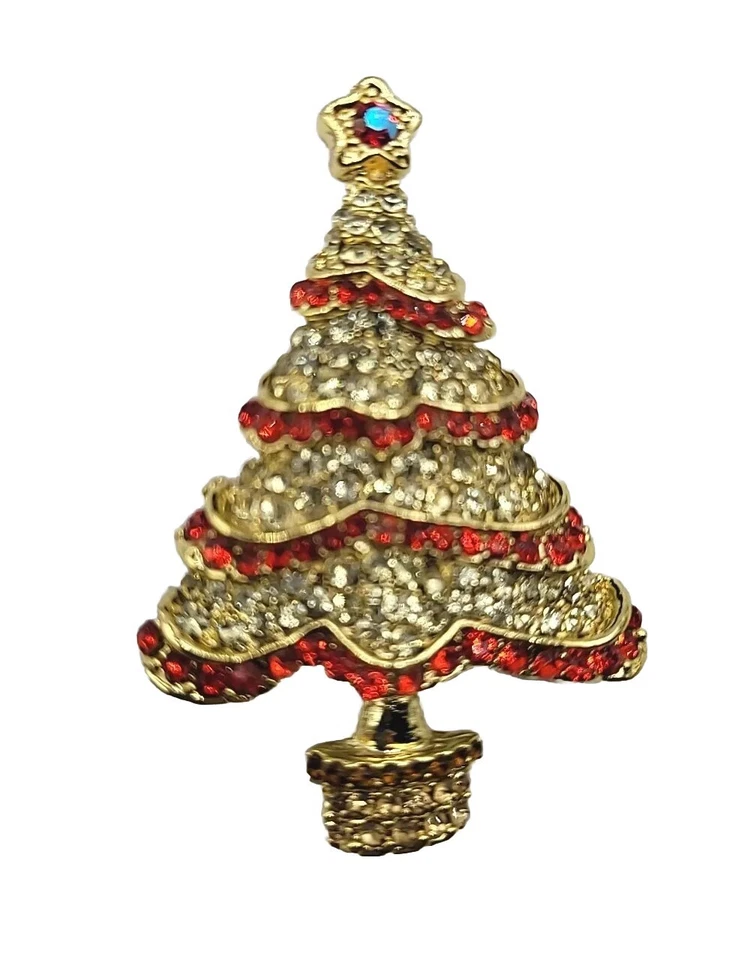 Impresionante broche de árbol de Navidad decorado con diamantes de imitación en tono dorado  Foto 1 de 4