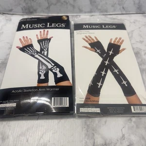 Lot 2 Black Arm Warmers Fingerless Gloves White Skeleton Cross Designs Gothic - Picture 1 of 7
