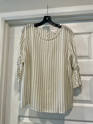 Blusa LC Lauren Conrad Feminina Tamanho L Manga 3/4 Top Listras Marfim Cáqui Boho - Imagem 1 de 4