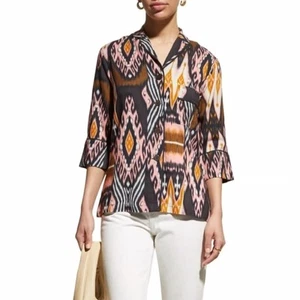 Blusa Figue Nova Pequeña Abstracta Estampado Ikat Boho Luxe Top Manga 3/4 - Imagen 1 de 8
