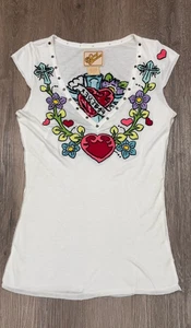 Vintage Soul Revival Top Damen Small Y2K Tattoo Herz Kreuz Blumen bestickt - Bild 1 von 12