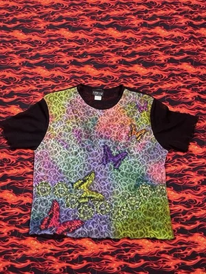 ESPRESSO Mujer De Colección Top Corto Malla Transparente Hippy Glam Mariposa Arco Iris Med Foto 1 de 4