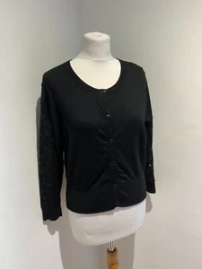 Diane Von Furstenberg Doris knit cardigan L VGC black lace trim fitted classic - Picture 1 of 10