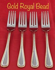 4 WALLACE GOLD ROYAL BEAD SALAD FORKS GLOSSY LUXURY STAINLESS 7 1/8” RETIRED