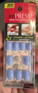 Impress Gel Manicure Press on Nails Short Periwinkle blue w/ Heart jewel - Picture 1 of 1