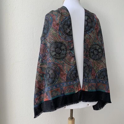 Bufanda de seda rectángulo negro paisley bohemio sin marca 62/19 pulgadas HECHA EN ITALIA #A31 Foto 1 de 4
