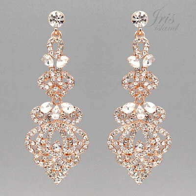 ROSE GOLD Plated Clear Crystal Rhinestone Weddings Drop Dangle Earrings 08008 - Image 1 of 4
