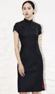 Shanghai Tang Women’s 100% Silk Navy Blue Qipao Dress Jacquard Lined Size 10 - Picture 1 of 22