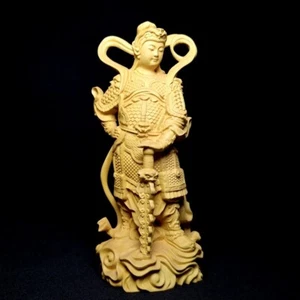 6.3 Inch Chinese Boxwood Hand carved warrior Wei Tuo Statue Desk Decoration 韦陀 - Picture 1 of 8