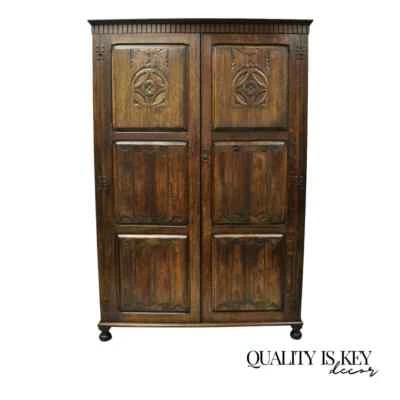 Antique Belgium Renaissance Jacobean Figural Carved Oak Large Wardrobe Cabinet - Image 1 of 4