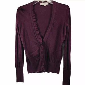 LOFT Pleated Grosgrain Trim Cardigan Medium M Burgundy Knit Stretch - Picture 1 of 6