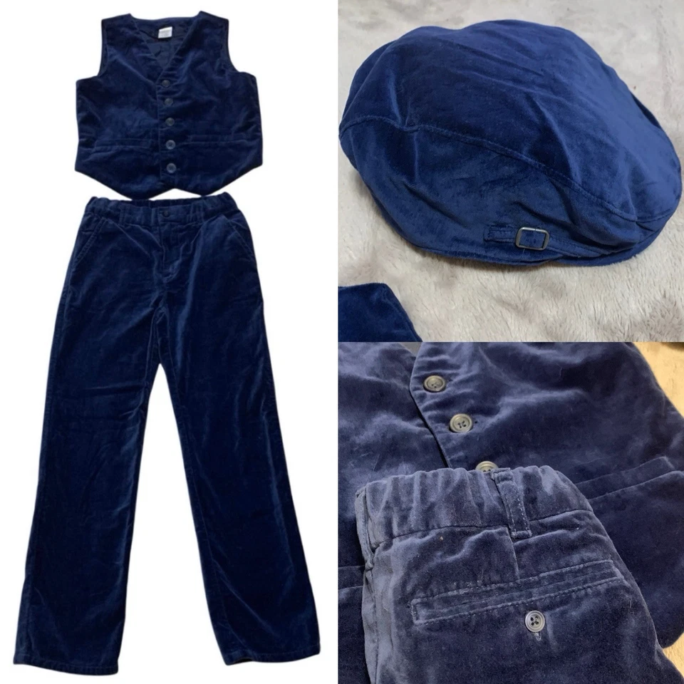 Gymboree Niños 6/7 Conjunto de Terciopelo Vacaciones Azul Vía Láctea Chaleco Pantalones Gorra de Newsboy Foto 1 de 4