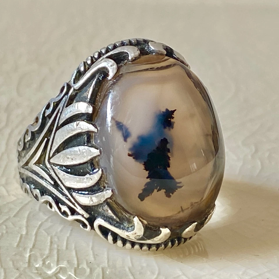 Auténtico anillo de plata 925 para hombre ágata yemení natural aqeeq عقيق يماني مصور M Foto 1 de 4