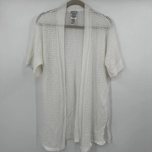 Chicos White Crochet Knit Short Sleeve Duster Cardigan Sweater Size 1 Medium - Picture 1 of 10