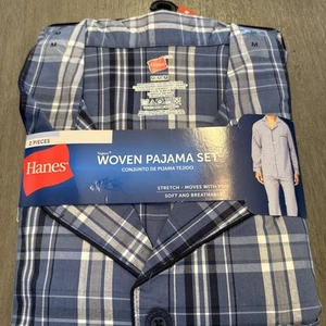 HANES MENS WOVEN PAJAMA SHIRT AND PANTS SET SIZE M BLUE PLAID (NEW) - Picture 1 of 3