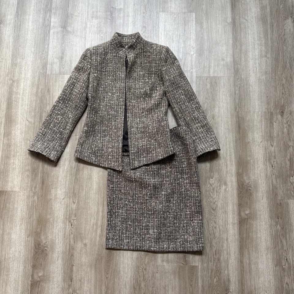 Dana Buchman Lana Mezcla Alpaca Tweed Falda Traje Pequeño 4P/2P Marrón Aqua Foto 1 de 4