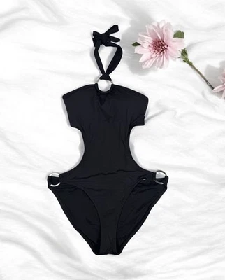 Traje de baño Y2K negro de una pieza recortado sexy espalda abierta tropical playa vacaciones de verano Foto 1 de 4