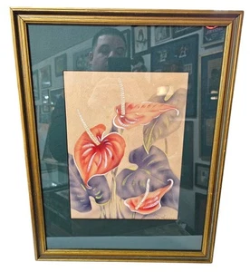 Vintage 40er Jahre Floral Tropical Airbrush Gemälde MCM Passepartout Gerahmt Signiert... - Bild 1 von 8
