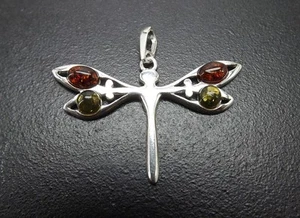 Sterling Silver .925 Beautiful DRAGONFLY PENDANT Genuine multi-color Amber 3.2 G - Picture 1 of 4